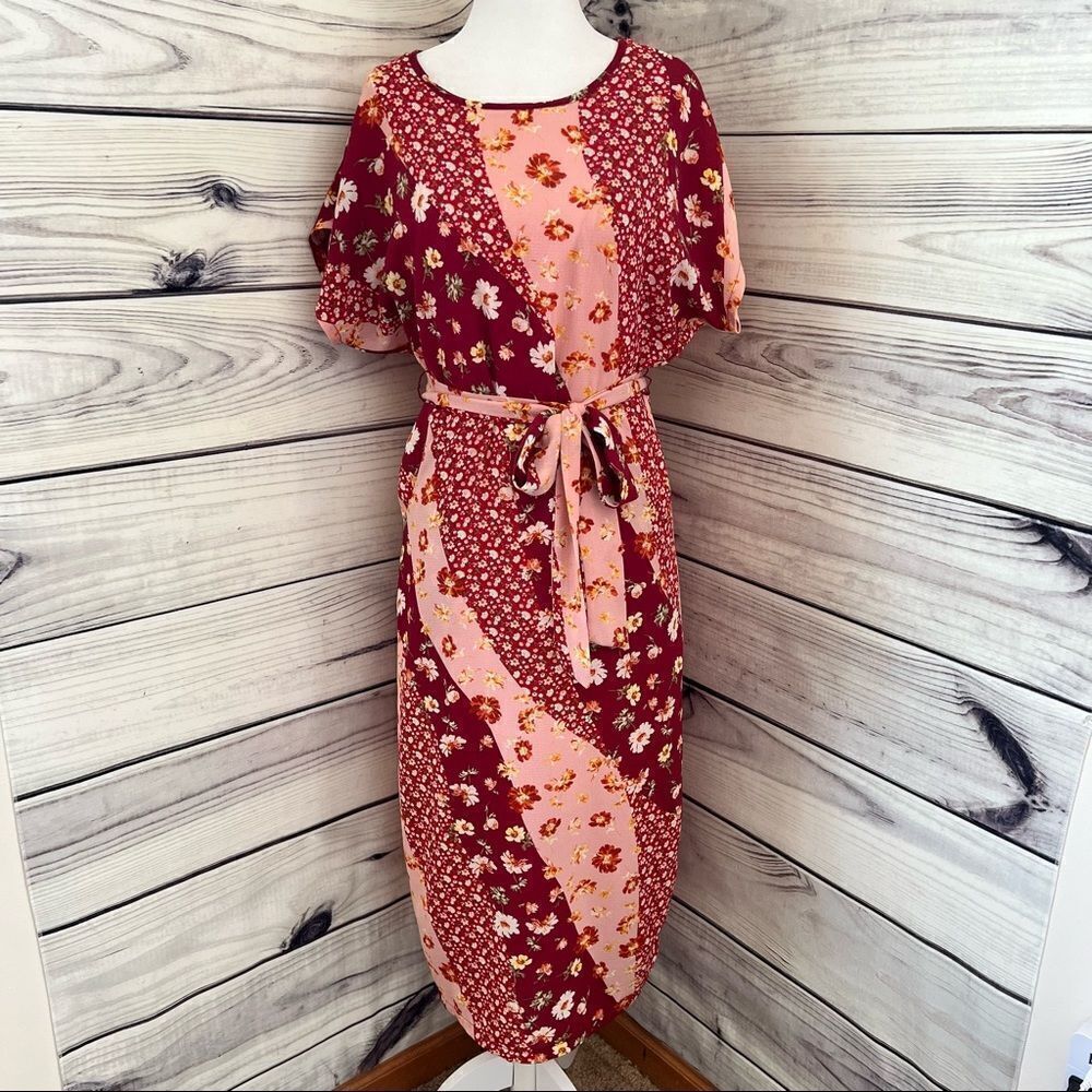 DOWNEAST Pink & Red Patchwork Floral Patterned Short Sleeve Dress Size XS